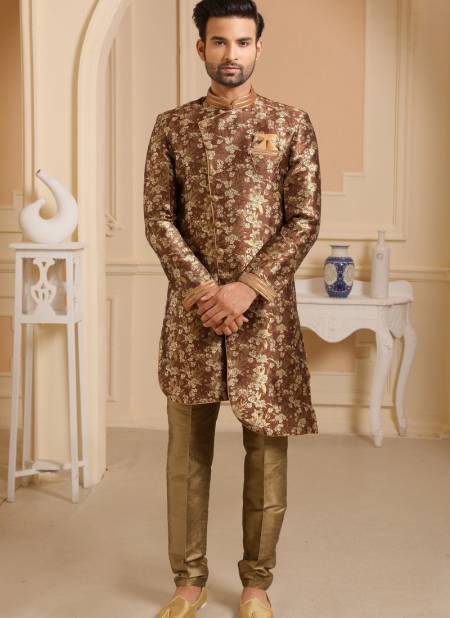 Coffee Colour New Party Wear Jacquard Silk Digital Print Indo Western Mens Collection 9234